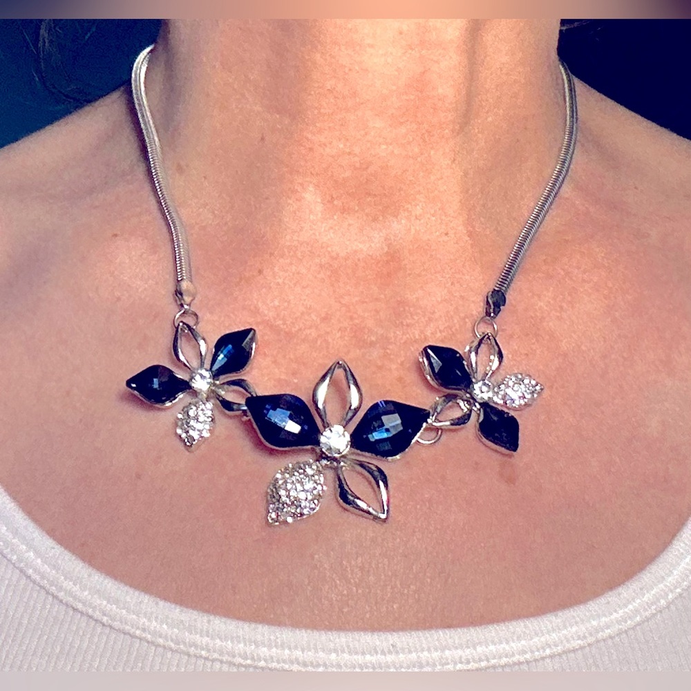 Elegant Blue Necklace of 3 Flowers Made of Midnight Blue + Clear Pave Stones